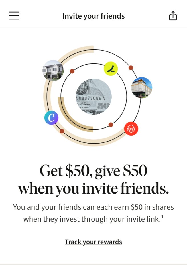 Fundrise invite friends screen: Get $50, give $50