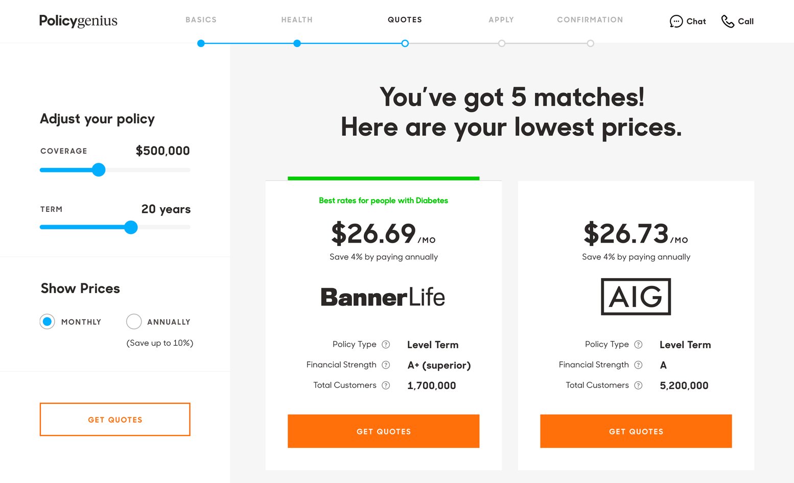 Policygenius life insurance quotes: You've got 5 matches