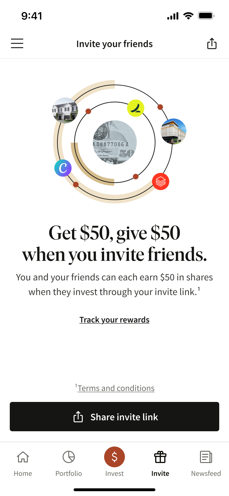 Fundrise invite-a-friend referral screen