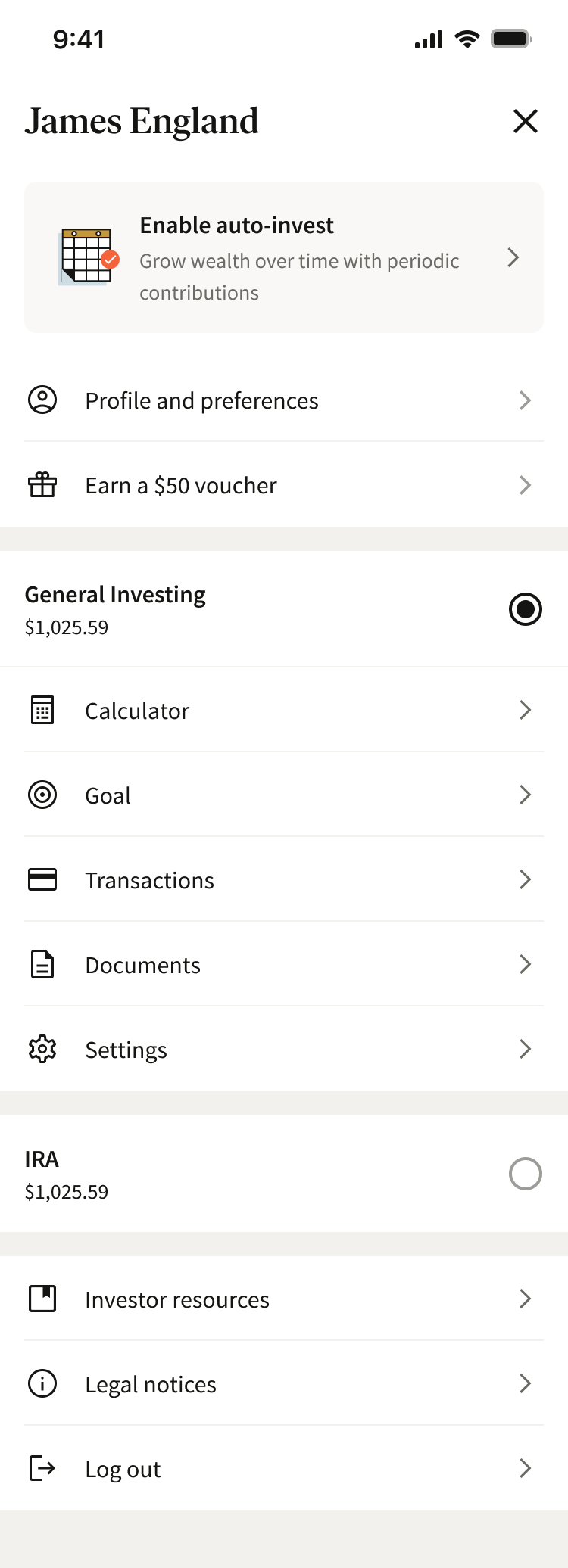 Fundrise account menu with auto-invest prompt