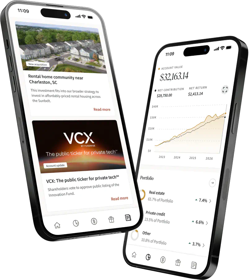 Fundrise app on two iPhones: a news feed and the account value chart