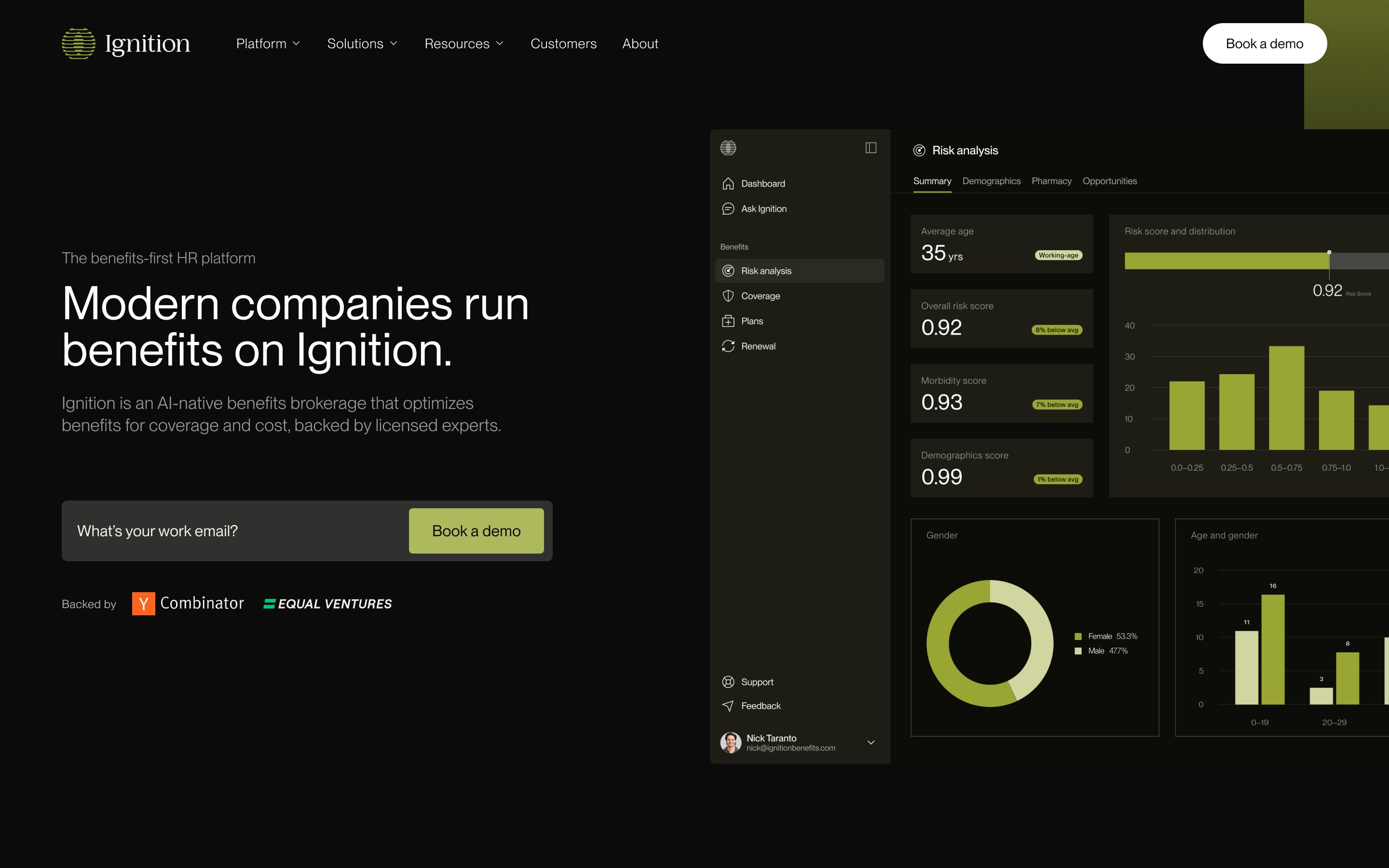Ignition marketing site homepage: Modern companies run benefits on Ignition